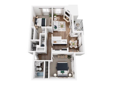Floor plan for 2 beds, 2 baths, 1001 sqft